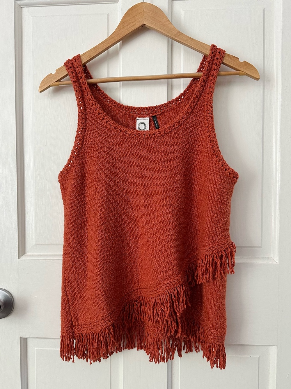 Anthropologie Akemi + Kin Fringed Sweater Tank Top Rust Orange Boho Knit Size S